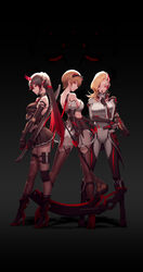  3girls absurdres alternate_color alternate_costume alternate_hairstyle arm_strap ass asymmetrical_hair bare_shoulders black_footwear blonde_hair bodysuit boots braid breasts character_name clothing_cutout colomar cyborg detached_sleeves dress earrings elbow_gloves facial_mark finger_on_trigger finger_to_mouth full_body gloves gradient_hair gun hair_ornament headgear high_heel_boots high_heels highres holding holding_gun holding_weapon honkai_(series) honkai_impact_3rd horns jewelry knee_boots knee_pads kneehighs large_breasts long_hair looking_at_viewer lucia:_dawn_(punishing:_gray_raven) lucia_(punishing:_gray_raven) medium_breasts mole mole_under_eye multicolored_hair multiple_girls overwatch overwatch_1 pleated_dress pouch punishing:_gray_raven red_eyes red_hair rita_rossweisse rita_rossweisse_(phantom_iron) shushing side_cutout sideboob single_knee_pad single_kneehigh single_sock single_thighhigh sleeveless sleeveless_dress smile socks sombra_(overwatch) strapless strapless_dress streaked_hair sword thigh_pouch thighhighs thighs torn_clothes torn_legwear twintails weapon x_hair_ornament 