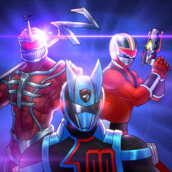  3boys armor belt black_bodysuit bodysuit boots brain gloves gun hands_up helmet highres holding holding_gun holding_staff holding_weapon jiggeh lord_zedd male_focus mighty_morphin_power_rangers multiple_boys no_skin over_shoulder power_rangers power_rangers:_battle_for_the_grid power_rangers_s.p.d. power_rangers_time_force quantum_ranger red_bodysuit shadow_ranger staff weapon weapon_over_shoulder 