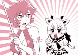  2girls accusations bare_shoulders blush bow breasts choker commentary_request crossover cutie_honey cutie_honey_(character) gloves holding holding_sword holding_weapon kemono_friends large_breasts looking_at_another magical_girl monochrome multiple_girls open_mouth pointing pointing_at_another reticulated_giraffe_(kemono_friends) short_hair sweatdrop sword ueyama_michirou weapon 