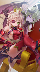  2girls aldra_(queen&#039;s_blade) aldra_(queen&#039;s_blade_unlimited) bare_shoulders black_gloves black_sclera blonde_hair boots breasts colored_sclera colored_skin crossed_legs crown delmore demon_girl demon_horns demon_tail demon_wings elbow_gloves eyepatch gauntlets gloves green_eyes high_heel_boots high_heels highres horns large_breasts long_hair looking_at_viewer multiple_girls official_art oosaki_shin&#039;ya pointy_ears purple_skin queen&#039;s_blade queen&#039;s_blade_unlimited queen&#039;s_blade_white_triangle red_eyes red_footwear sideboob sidelocks sitting small_breasts tail thigh_boots thighhighs thighs tongue tongue_out wings 