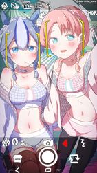  2girls a.f.o absurdres alternate_costume alternate_hairstyle arknights bare_shoulders blue_choker blue_hair blue_poison_(arknights) blue_poison_(arknights)_(cosplay) blue_poison_(shoal_beat)_(arknights) blush braid breasts camera camisole candy choker cleavage commentary cosplay crop_top earrings fake_phone_screenshot fake_screenshot food food_in_mouth glaucus_(arknights) hairband hand_on_another&#039;s_waist highres jacket jewelry leggings lollipop long_hair matching_hairstyle matching_outfits midriff multicolored_hair multiple_girls navel off_shoulder official_alternate_costume open_clothes open_jacket pantyhose pink_choker pink_hair selfie short_shorts shorts spaghetti_strap sports_bra streaked_hair taking_picture thighhighs twin_braids 