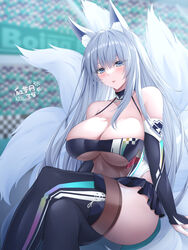  animal_ear_fluff animal_ears artist_name azur_lane bare_shoulders black_choker black_gloves black_skirt black_thighhighs blue_eyes blurry blurry_background blush boots breasts bridal_gauntlets choker cleavage commentary crossed_legs elbow_gloves feet_out_of_frame female fox_ears fox_tail gloves hair_between_eyes halterneck highleg highleg_leotard highres kitsune large_breasts leotard long_hair looking_at_viewer miniskirt momijizuki_luna multiple_tails official_alternate_costume parted_lips race_queen see-through shinano_(azur_lane) shinano_(moonlit_chrome)_(azur_lane) sidelocks signature sitting skirt solo tail thigh_boots thighhighs thighhighs_under_boots thighs very_long_hair white_hair white_tail 