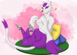  alex.fetter ambiguous_gender claws feral fur generation_5_pokemon hi_res mienshao nintendo pawpads pillow pokemon pokemon_(species) sitting solo white_body white_fur 