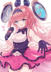  :d ahoge bare_shoulders black_bow black_gloves black_hairband blue_eyes bow breasts brown_hair collared_shirt commentary_request female frilled_skirt frills gloves hair_intakes hairband headgear heart highres holding holding_microphone karunabaru lishenna_omen_of_destruction long_hair looking_at_viewer medium_breasts microphone open_mouth outstretched_arm pink_skirt red_bow shadowverse shirt simple_background skirt sleeveless sleeveless_shirt smile solo standing very_long_hair white_background white_shirt 