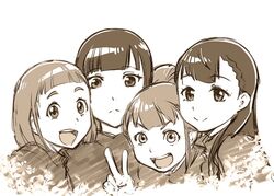  4girls :d closed_mouth commentary_request kobuchizawa_shirase long_hair looking_at_viewer miyake_hinata monochrome multiple_girls open_mouth shiraishi_yuzuki short_hair simple_background smile sora_yori_mo_tooi_basho tamaki_mari ueyama_michirou white_background 