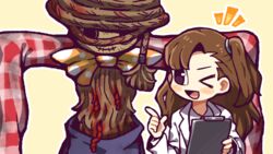  &gt;_o black_eyes blood brown_hair clipboard coat collared_shirt commentary_request e.g.o_(project_moon) employee_(project_moon) female hand_up hatake_shimeji holding holding_clipboard lobotomy_corporation long_hair long_sleeves no_nose notice_lines one_eye_closed one_side_up open_clothes open_coat open_mouth outline project_moon scarecrow scarecrow_searching_for_wisdom shirt simple_background smile white_coat white_outline white_shirt yellow_background 