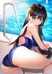  ass ayamy back_cutout bare_arms bare_shoulders black_hair blue_eyes blue_one-piece_swimsuit breasts clothing_cutout commentary_request competition_swimsuit earrings female hair_ornament highres jewelry long_hair looking_at_viewer medium_breasts miyawaki_sana one-piece_swimsuit original pool pool_ladder poolside sidelocks smile solo swimsuit thighs tile_floor tiles very_long_hair water wet x_hair_ornament 