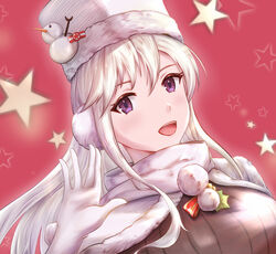  absurdres azur_lane breasts christmas coat dutch_angle earmuffs enterprise_(azur_lane) enterprise_(reindeer_master)_(azur_lane) fangxingdeyinxue female gloves hair_between_eyes highres large_breasts long_hair looking_at_viewer official_alternate_costume open_mouth purple_eyes red_background santa_costume scarf snowman_hair_ornament solo star_(symbol) upper_body white_gloves white_santa_costume white_scarf winter_clothes winter_coat 