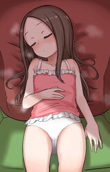  absurdres bare_arms bare_shoulders blush brown_hair camisole closed_eyes closed_mouth collarbone commentary female forehead frilled_camisole frills highres hizashi_no_naka_no_real karakai_jouzu_no_takagi-san lying note2000 on_back panties parted_bangs pillow pink_camisole sleeping solo takagi-san underwear underwear_only white_panties 