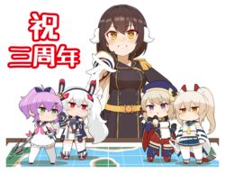  5girls adapted_turret aiguillette animal_ears ayanami_(azur_lane) ayanami_(retrofit)_(azur_lane) azur_lane bangle bare_shoulders belt beret black_gloves black_hairband black_ribbon black_vest blue_cape blue_headwear blue_sailor_collar blue_skirt blue_sleeves blue_thighhighs blunt_bangs blush bow bracelet breasts bridal_garter bridal_gauntlets brown_hair cap105 cape chibi clenched_hand clenched_hands collarbone commentary_request cowboy_shot crop_top cross cross_hair_ornament crown curled_horns detached_sleeves dress epaulettes fake_animal_ears full_body gloves green_eyes grin hair_between_eyes hair_ornament hair_ribbon hairband hairbow hat headgear headphones headphones_around_neck high_ponytail highres holding holding_javelin holding_sword holding_weapon horns iron_cross javelin_(azur_lane) javelin_(retrofit)_(azur_lane) javelin_(spear) jewelry laffey_(azur_lane) laffey_(retrofit)_(azur_lane) large_breasts light_brown_hair long_hair long_sleeves looking_at_another looking_at_viewer map medium_breasts midriff mikasa_(azur_lane) military military_uniform mini_crown multiple_girls navel neckerchief orange_eyes outstretched_arm pink_neckerchief platinum_blonde_hair pleated_skirt ponytail purple_hair rabbit_ears red_cape red_eyes red_footwear red_skirt ribbon rudder_footwear sailor_collar sailor_dress sakuramon shadow shirt short_hair sidelocks simple_background skirt sleeveless sleeveless_dress smile standing striped striped_bow sword taut_clothes thighhighs tilted_headwear translated triangle_mouth twintails two-tone_cape underbust uniform very_long_hair vest weapon white_background white_belt white_cape white_dress white_gloves white_hair white_skirt white_sleeves white_thighhighs wide_sleeves wrist_ribbon yellow_belt yellow_eyes yellow_neckerchief z23_(azur_lane) z23_(retrofit)_(azur_lane) zettai_ryouiki 