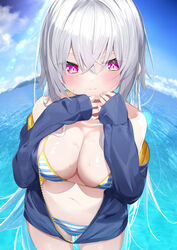  absurdres bad_id bad_twitter_id bare_shoulders bikini bikini_under_clothes blue_jacket blue_sky blush breasts cleavage closed_mouth cloud collarbone commentary_request cowboy_shot day female grey_hair hair_between_eyes hands_up highres jacket kamioka_shun&#039;ya large_breasts long_hair long_sleeves looking_at_viewer off_shoulder open_clothes open_jacket original outdoors purple_eyes shiori_(kamioka_shun&#039;ya) sky sleeves_past_wrists solo striped_bikini striped_clothes sweat swimsuit very_long_hair water wet 