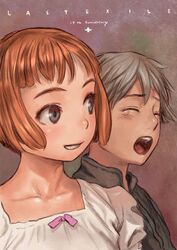  1boy blush bob_cut brown_hair claus_valca collarbone female grey_hair last_exile lavie_head murata_range open_mouth short_hair simple_background smile tearing_up yawning 