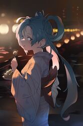  :t back_bow blue_eyes blue_hair blurry blurry_background blush bow copyright_request depth_of_field destiny_child eating female food from_side grey_kimono hair_rings highres holding japanese_clothes kimono long_hair long_sleeves looking_at_viewer looking_to_the_side obi sash smile solo standing takoyaki virupa_(destiny_child) wonchun yukata 