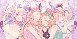  3others 4girls ahoge aloupeep_(enna_alouette) animal_ears blonde_hair blue_hair blush breasts cleavage closed_eyes dress enna_alouette ethyria extra_ears eyeliner eyeshadow flower fox_ears fox_girl green_dress green_headband grey_hair headband kakumeizenya029 large_breasts logo long_hair long_sleeves lucie_(millie_parfait) lying makeup matching_outfits medium_hair millie_parfait multicolored_hair multiple_girls multiple_others nail_polish nijisanji nijisanji_en nina_kosaka oerba_yun_fang on_back pink_dress pink_headband poppi_(reimu_endou) purple_curtains purple_dress purple_eyeshadow purple_headband purple_nails red_eyeliner red_eyeshadow reimu_endou saliva short_eyebrows skin_fang sleeping sleeveless sweater tank_top virtual_youtuber white_dress white_flower white_tank_top yellow_sweater 