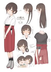  black_shirt braid brown_eyes brown_hair character_name chart cheek_pinching commentary_request double_bun dougi english_text female full_body hair_bun hakama highres japanese_clothes kantai_collection kasuga_maru_(kancolle) long_hair looking_at_viewer multiple_views pinching red_hakama shirt standing taiyou_(kancolle) translated twin_braids un&#039;you_(kancolle) v_arms yamashichi_(mtseven) yawata_maru_(kancolle) 