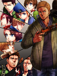  ada_wong beard blonde_hair bob_cut brown_hair chris_redfield claire_redfield dress ethan_winters facial_hair gun handgun holster jake_muller jill_valentine leon_s._kennedy male_focus multiple_boys nagare rebecca_chambers red_dress resident_evil resident_evil_0 resident_evil_1 resident_evil_2 resident_evil_3:_nemesis resident_evil_4 resident_evil_5 resident_evil_6 resident_evil_7:_biohazard resident_evil_village shoulder_holster weapon 