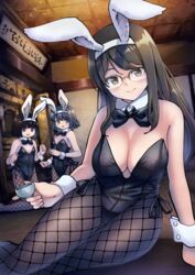  3girls akemiho_tabi_nikki animal_ears arm_support bare_shoulders black_hair black_leotard black_pantyhose blue_eyes blunt_bangs breasts brown_eyes cleavage detached_collar fake_animal_ears fukube_fuuna fukube_tamaki gendai_ninjakko_zukan glasses green_eyes highleg highleg_leotard highres kashima_shizuru_(akemiho_tabi_nikki) kneeling kouno_hikaru large_breasts leotard long_hair looking_at_viewer lying multiple_girls on_side over-rim_eyewear pantyhose playboy_bunny rabbit_ears semi-rimless_eyewear short_hair small_breasts smile wrist_cuffs 