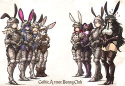  6+girls animal_ears animal_nose armor armored_boots black_eyes black_hair blonde_hair blue_eyes blue_hair body_fur boots borrowed_character brown_hair character_request commentary corset couter cuirass cuisses english_commentary english_text executioner_maid_(centuriic) full_armor full_body furry furry_female gauntlets gorget greaves high_heel_boots high_heels highres ironlily long_hair looking_at_viewer meme_attire multiple_girls original pauldrons perlweiss_(ironlily) pink_eyes pink_hair plate_armor poleyn puffy_sleeves rabbit_ears rabbit_girl red_hair rerebrace sabaton short_hair shoulder_armor sidelocks simple_background standing tank_(bongfill) wavy_hair white_background white_fur 