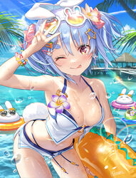  ;p animal_ears arm_up bare_arms bare_shoulders bikini blue_hair blush bracelet breasts cleavage cowboy_shot day eyewear_on_head female flower hair_flower hair_ornament hair_scrunchie heart heart-shaped_eyewear highres hikosan holding holding_swim_ring hololive innertube jewelry looking_at_viewer medium_breasts medium_hair multicolored_hair o-ring o-ring_bikini one_eye_closed orange_nails outdoors palm_tree pekomon_(usada_pekora) rabbit-shaped_eyewear rabbit_ears rabbit_girl rabbit_tail red_eyes scrunchie signature solo streaked_hair sunglasses swim_ring swimsuit tail thick_eyebrows thighhighs tongue tongue_out tree two_side_up usada_pekora virtual_youtuber w water white_bikini white_hair 