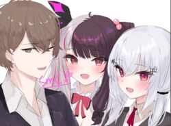  1boy 2girls :d ;d black_hair black_jacket black_ribbon blush bow breasts brown_eyes brown_hair cleavage collared_shirt commentary_request dress_shirt earrings formal grey_hair hair_between_eyes hair_bobbles hair_ornament hair_ribbon hairclip hakase_fuyuki hakase_fuyuki_(1st_costume) jacket jewelry kagami_hayato kagami_hayato_(1st_costume) kei-chan_(ultimatekeichan) long_hair multicolored_hair multiple_girls neck_ribbon nijisanji one_eye_closed open_mouth red_bow red_eyes red_hair red_ribbon ribbon shirt simple_background smc-gumi_(nijisanji) smile split-color_hair streaked_hair suit twintails two-tone_hair upper_body virtual_youtuber white_background white_shirt yorumi_rena yorumi_rena_(1st_costume) 