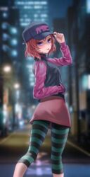  absurdres ass baseball_cap black_hat blurry blurry_background casual commentary feet_out_of_frame female hand_in_pocket hand_on_headwear hat highres leggings long_sleeves looking_at_viewer looking_back love_live! love_live!_school_idol_project nishikino_maki pants purple_hair red_hair red_skirt short_hair skirt solo standing striped striped_leggings sweater symbol-only_commentary tight_clothes tight_pants tongue tongue_out turtleneck turtleneck_sweater two-tone_sweater yj_(yojo_san) 