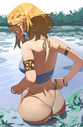  alternate_costume armlet ass back bangle bikini bikini_bottom_lift blonde_hair blue_gemstone blush bracelet braid breasts commentary crown_braid earrings embarrassed female from_behind gem green_eyes hair_ornament hairclip head_down highres jewelry lily_pad looking_down median_furrow medium_breasts parted_bangs pointy_ears pond princess_zelda short_hair sitting sketch_background solo some1else45 swimsuit the_legend_of_zelda the_legend_of_zelda:_tears_of_the_kingdom thong thong_bikini untied_bikini untying wardrobe_malfunction water water_lily_flower 