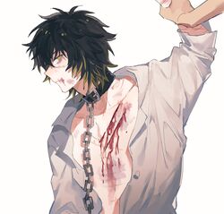  1boy absurdres arm_up black_hair bleeding blood brown_hair bruise chains collar cuts highres holding_another&#039;s_arm injury male_focus medium_hair messy_hair nocolour scar scar_on_arm scar_on_chest scar_on_face scar_on_mouth shirt simple_background slow_damage towa_(slow_damage) upper_body white_background white_shirt yellow_eyes 