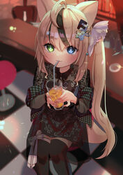  animal_ears black_dress black_hair black_thighhighs blonde_hair blue_eyes blurry commission depth_of_field dress drinking drinking_straw female flower green_eyes hair_flower hair_ornament heterochromia highres ice ice_cube ijen_(ljenejl) juice lace long_hair multicolored_hair orange_juice original see-through see-through_dress see-through_sleeves side_ponytail sitting skeb_commission solo streaked_hair tail thighhighs two-tone_hair very_long_hair 