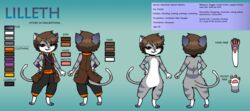  armband blue_body blue_fur brown_eyes brown_hair clothing color_swatch conditional_dnp digitigrade dipstick_tail domestic_cat english_text featureless_crotch felid feline felis female fur grey_body grey_fur hair hi_res jacket jumpsuit kazoko_(artist) lilleth_(kazoko) looking_at_viewer mammal markings model_sheet multicolored_tail pawpads paws pink_nose semi-anthro simple_background smile solo striped_body stripes tail tail_markings text topwear whiskers 