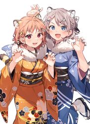  2girls alternate_costume animal_ears blue_eyes blue_kimono chinese_zodiac floral_print furisode geta grey_hair hair_between_eyes hair_ornament hairclip highres japanese_clothes kimono long_sleeves love_live! love_live!_sunshine!! makura_(makura0128) multiple_girls new_year obi oerba_yun_fang open_mouth orange_hair orange_kimono red_eyes sandals sash short_hair simple_background socks tabi tail takami_chika tiger_ears tiger_hair_ornament tiger_tail watanabe_you white_background wide_sleeves year_of_the_tiger 