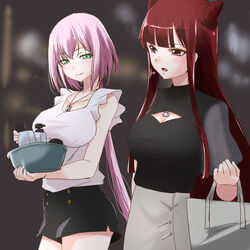  2girls arm_at_side assault_lily bag bare_arms black_shirt black_shorts blunt_bangs blurry blurry_background bottle breasts brown_background buttons casual cat_pendant cleavage cleavage_cutout closed_mouth clothing_cutout collarbone commentary_request cone_hair_bun cowboy_shot double_bun gozen_(assault_lily) green_eyes grey_skirt hair_between_eyes hair_bun hand_up handbag hands_up high-waist_skirt highres holding holding_bag jewelry large_breasts light_blush light_smile long_hair looking_at_another looking_away looking_to_the_side low_twintails multiple_girls necklace open_mouth pendant pink_hair red_eyes red_hair shampoo_bottle shirt shirt_tucked_in short_shorts short_sleeves shorts side-by-side side_slit side_slit_shorts sidelocks sideways_glance skirt sleeveless sleeveless_shirt standing toda_eulalia_kotohi twintails urutsu_sahari very_long_hair washbowl white_shirt wide_sleeves 