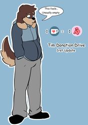  anthro biped bottomwear canid canine canis clothing domestic_dog english_text footwear hi_res hoodie male mammal pants plantigrade pregnant pregnant_anthro pregnant_male randomgirl1265 shoes solo speech_bubble standing text tim_ryther topwear 