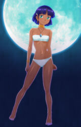  absurdres arms_at_sides bandeau bare_shoulders blue_background blue_gemstone blunt_bangs blunt_ends blush bob_cut breasts closed_mouth collarbone commentary curled_fingers dark dark-skinned_female dark_skin earrings female full_body full_moon fushigi_no_umi_no_nadia gem gold_bracelet green_eyes hair_ornament hairclip highres hoop_earrings jewelry legs light_blush light_smile loincloth looking_at_viewer maruyama_musashi midriff moon nadia_la_arwall navel neck_ring necklace night night_sky pendant purple_hair short_hair sky small_breasts solo spread_legs standing toes underboob variant_set white_bandeau 