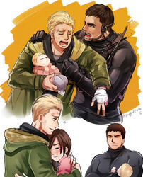  2boys 2girls baby beard blonde_hair brown_hair chris_redfield ethan_winters facial_hair father_and_daughter good_end hug jacket male_focus mia_winters mother_and_daughter multiple_boys multiple_girls nagare resident_evil resident_evil_village rosemary_winters short_hair tears 