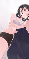  black_hair black_panties black_skirt bra breasts closed_mouth dressing female from_below gradient_background grey_background highres hiroki_(yyqw7151) looking_down mismatched_underwear original panties red_eyes short_hair short_twintails skirt small_breasts solo twintails underwear white_bra 