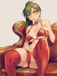  ass bikini blush breasts choker christmas cleavage collarbone commentary_request couch covered_nipples earrings feet_out_of_frame female fire_emblem fire_emblem:_the_blazing_blade green_eyes green_hair hair_between_eyes hand_on_own_chest high_ponytail highres jewelry large_breasts long_hair looking_at_viewer lyn_(fire_emblem) navel on_couch open_mouth ponytail red_bikini red_thighhighs sajittari sitting solo swimsuit thighhighs thighs triangle_mouth v-shaped_eyebrows very_long_hair 