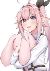  :d absurdres ahoge black_ribbon blue_eyes blush collared_shirt commentary_request female hair_between_eyes hair_intakes hair_ribbon highres hugging_object indie_virtual_youtuber ky_(ky990533) long_hair long_sleeves looking_at_viewer open_mouth pink_hair pointy_ears ponytail ribbon shirt siriya_(vtuber) smile solo stuffed_animal stuffed_rabbit stuffed_toy teeth transparent_background upper_body upper_teeth_only very_long_hair virtual_youtuber white_shirt 