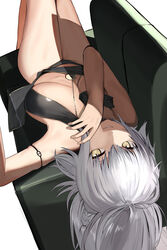  absurdres bad_id bad_pixiv_id bare_shoulders basaru_1106 bikini black_bikini braid breasts cleavage couch fate/grand_order fate_(series) female grey_hair highres jeanne_d&#039;arc_alter_(fate) jeanne_d&#039;arc_alter_(festival_outfit)_(fate) large_breasts long_hair looking_at_viewer lying multiple_braids o-ring o-ring_bikini official_alternate_costume on_back sarong solo swimsuit very_long_hair yellow_eyes 