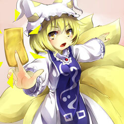  aburaage animal_ears animal_hat between_fingers blonde_hair blush breasts clip_studio_paint_(medium) cowboy_shot dress female food foreshortening fox_ears fox_tail hat holding large_breasts looking_at_viewer mob_cap multiple_tails open_mouth pink_background piyodesu short_hair simple_background solo tabard tail touhou v-shaped_eyebrows white_dress yakumo_ran yellow_eyes 