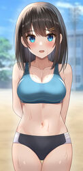  absurdres arms_behind_back bad_id bad_pixiv_id black_shorts blue_eyes blue_sports_bra blurry blurry_background blush borrowed_character breasts brown_hair cleavage commentary_request cowboy_shot female hair_ornament hairclip highleg_shorts highres hisui_(user_zvkr2432) large_breasts looking_at_viewer midriff navel open_mouth original outdoors short_shorts shorts solo sports_bra sweat tsubasa_(kureha) 