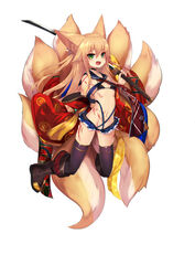  animal_ear_fluff animal_ears bikini bikini_top_only black_bikini black_thighhighs blonde_hair commentary_request female fox_ears fox_tail green_eyes hair_between_eyes katana kokonoe_tsubaki long_hair looking_at_viewer micro_bikini multiple_tails oerba_yun_fang open_mouth original sailor_collar showgirl_skirt solo swimsuit sword tail tattoo thighhighs weapon white_background yoshizawa_tsubaki 