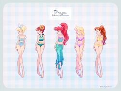  5girls adapted_costume anna_(frozen) aqua_nails ariel_(disney) arms_at_sides artist_name bare_legs barefoot beauty_and_the_beast belle_(disney) bikini blonde_hair blue_bikini blue_choker blue_eyes blue_hairband blue_nails blue_neckwear blue_ribbon blunt_bangs border braid breasts brown_hair choker cinderella cinderella_(disney) cleavage clothes_around_waist collarbone commentary_request company_connection crossed_legs curly_hair disney earrings english_commentary english_text expressionless eyelashes floral_print flower freckles frozen_(disney) full_body green_bikini grey_border hair_bun hair_ornament hair_ribbon hairband happy high_ponytail jewelry lineup lips long_hair looking_away looking_to_the_side medium_breasts midriff mixed-language_commentary multiple_girls nail_polish navel off_shoulder pearl_earrings plaid plaid_background ponytail profile purple_bikini purple_nails rapunzel_(disney) red_hair red_lips ribbon single_hair_bun small_breasts smile souno_kazuki standing star_(symbol) star_hair_ornament sunflower swimsuit tangled the_little_mermaid tied_hair toenail_polish toenails toes twitter_username very_long_hair yellow_bikini yellow_flower yellow_nails 