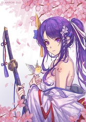  alternate_hairstyle bandages bare_shoulders bird breasts cherry_blossoms chest_sarashi cleavage commentary female genshin_impact highres holding holding_sword holding_weapon japanese_clothes katana kimono long_hair long_sleeves looking_at_viewer medium_breasts nairobi_song off_shoulder petals ponytail purple_eyes purple_hair purple_kimono raiden_shogun sarashi shoulder_tattoo sidelocks solo sword tattoo very_long_hair weapon wide_sleeves 