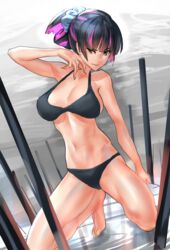  bangs banned_artist barefoot bikini black_bikini black_hair blunt_bangs colored_inner_hair female hair_up hand_up jelly kneeling multicolored_hair outdoors panty_&amp;_stocking_with_garterbelt ripples stocking_(psg) streaked_hair swimsuit 