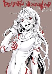  :d ahoge albino bodysuit breasts collar colored_eyelashes commentary copyright_name dated deadman_wonderland female gloves highres kataoka_jinsei long_hair looking_at_viewer mittens navel open_mouth red_eyes shiro_(deadman_wonderland) simple_background skin_tight smile solo very_long_hair white_hair 