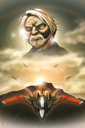  1boy ace_combat ace_combat_7 aircraft airplane beard blue_eyes cloud cloudy_sky commentary english_commentary facial_hair fighter_jet highres jet lens_flare male_focus mihaly_a_shilage military military_vehicle old old_man primogenitor34 sky su-30 sun vector_art white_hair x-02s_strike_wyvern 