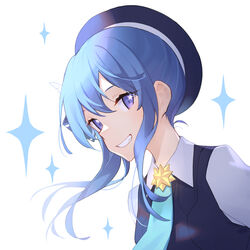  beret blue_eyes blue_hair blue_hat blue_necktie collar commentary_request female hair_ornament hat hololive hoshimachi_suisei hoshimachi_suisei_(old_design) looking_at_viewer medium_hair necktie photoshop_(medium) side_ponytail solo sparkle star_(symbol) star_in_eye symbol-shaped_pupils symbol_in_eye teeth virtual_youtuber white_background white_collar zjm530280188 