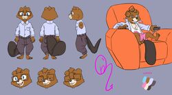  anthro armchair beaver boxers_(clothing) brown_body brown_fur chair chest_tuft clothed clothing english_description eyewear fur furniture glasses happy hi_res male mammal model_sheet mr._madera ojisan_mopy open_clothing open_shirt open_topwear rodent shirt solo tail topwear tuft underwear 