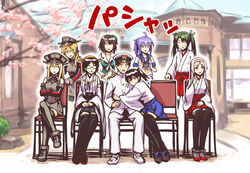  admiral_(kancolle) ahoge aoba_(kancolle) bare_shoulders bismarck_(kancolle) black_hair blonde_hair breasts brown_hair building chair cherry_blossoms cleavage commentary_request countdown detached_sleeves glasses glomp gloves green_eyes hair_ornament hair_ribbon hairband hat headgear hug imada_hidehito japanese_clothes kaga_(kancolle) kantai_collection kirishima_(kancolle) kirishima_kai_ni_(kancolle) long_hair maya_(kancolle) maya_kai_ni_(kancolle) military military_hat military_uniform multiple_girls nontraditional_miko open_mouth peaked_cap prinz_eugen_(kancolle) ribbon school_uniform serafuku short_hair shoukaku_(kancolle) shoukaku_kai_ni_(kancolle) side_ponytail sitting sleeveless smile thighhighs translated twintails uniform x_hair_ornament zuikaku_(kancolle) 