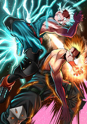  2boys absurdres baggy_pants bakugou_katsuki bare_arms battle belt belt_pouch black_background black_footwear black_pants bleeding blonde_hair blood blood_from_mouth blood_on_face blue_bodysuit blue_eyes blue_hair bodysuit boku_no_hero_academia boots bruise buckle check_commentary clenched_teeth commentary commentary_request electricity feet_out_of_frame freckles full_cowling_(boku_no_hero_academia) furrowed_brow gauze glowing glowing_hand hair_slicked_back hand_up highres imminent_explosion incoming_attack incoming_kick injury knee_boots knee_pads knee_up leaning_forward light looking_at_viewer looking_to_the_side male_focus midair midoriya_izuku multiple_boys no_nipples official_alternate_hairstyle orange_eyes pants parted_lips pink_background pouch red_belt reon_(dainagon_azuki) sanpaku scratches serious short_hair snap-fit_buckle spiked_hair teeth toned toned_male topless_male torn_bodysuit torn_clothes torn_pants utility_belt wavy_eyes 